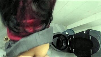 Latina girlfriend in uniform gets cum on her ass during passionate bathroom fucking.