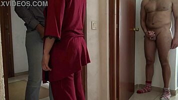 horny wife teases delivery guy as husband watches