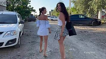 two girls daringly walk in public without panties flashing their bare pussies.