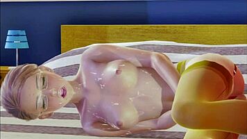 Teen in stockings enjoys solo moments in 3d animation.