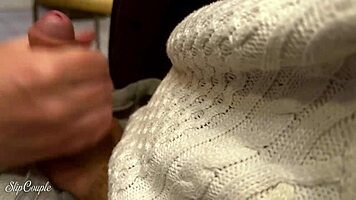 cute curvy babe teases with sloppy handjob under table in fast food joint