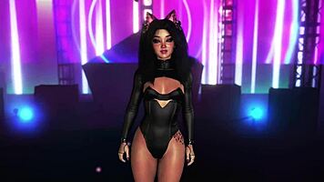 Exotic fluffy cat girl in tight bodysuit dancing alone in night club
