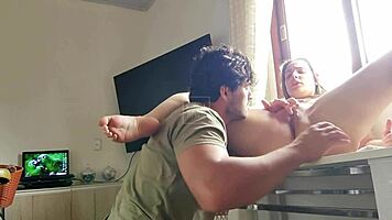 sexy latina babe spreads her juicy ass pussy on table for fetish play