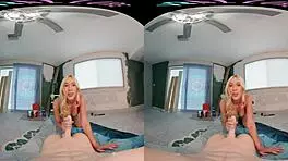 vrallure babe getting handsy with petite blonde in pov masturbation session. shaved pussy and big tits on display.