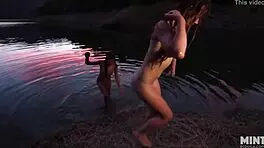 talia mint and mia rose get naked and fuck outdoors after swimming