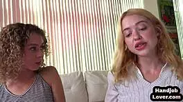 teen 18+ trio jerking oiled cock with dirty talk