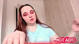 Chubby teen girl gives POV blowjob with dildo, sucking eagerly