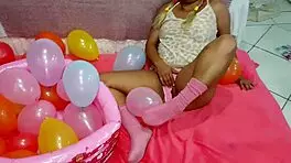 Brazilian Teen Girl Safadinha Plays with Balloon in Her Fun Reality Show Outdoors