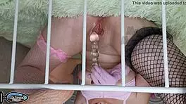 Horny petite teen 18+ masturbates in latex gloves with dildo for real orgasm. Big labia exposed.