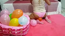 Brazilian Teen Girl Safadinha Plays with Balloon in Her Fun Reality Show Outdoors