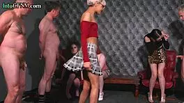 Clothed Femdom Babes Tug Old Cocks In Group