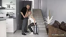 Young blonde teen finally alone with retro old man at home