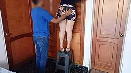 I couldn't hold back when I saw my stepsister's panties while helping her reach for her phone in the high drawer, so I slipped my fingers into her cute pussy and she got all wet