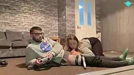 teen girlfriend sucks cock while gaming, natural tits and shaved pussy in action