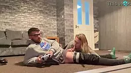 teen girlfriend sucks cock while gaming, natural tits and shaved pussy in action