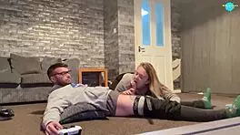 teen girlfriend sucks cock while gaming, natural tits and shaved pussy in action