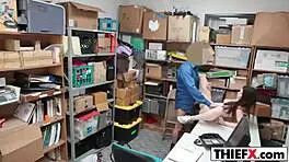 beautiful teen 18+ thief caught in garage. she blows huge cock to avoid trouble with boss.