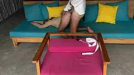 stupid cocksucker in torn tights rides dick hard, begging for facial.