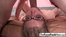 Teen in glasses eagerly slobbers on his throbbing cock
