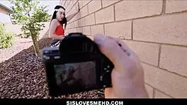 Cute tiny stepsister Bambi Black orgasms from stepbrother's licking after nude shoot POV