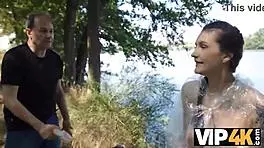 Fisherman's wife gets watched during outdoor shaved pussy action.