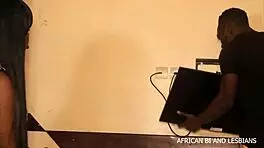 The handyman technician surprises his client with a wild double penetration during tv repair in an african bi lesbian scene.