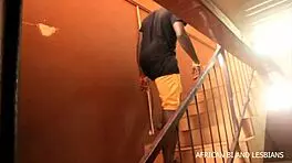 The handyman technician surprises his client with a wild double penetration during tv repair in an african bi lesbian scene.