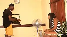 The handyman technician surprises his client with a wild double penetration during tv repair in an african bi lesbian scene.