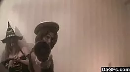 three costumed lesbians enjoy halloween party fun