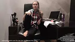 new girl nika o explores her shaved pussy with a pink dildo in the office