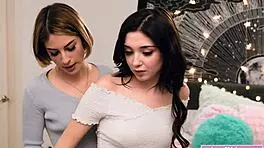 teen babe explores stepsis's hairy pussy with tongue