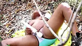 Nina Rivera enjoys playing with toys in the woods