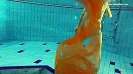 Nastya strips clothes and shows body in pool