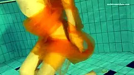 Nastya strips clothes and shows body in pool