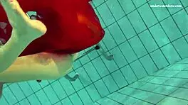 Nastya strips clothes and shows body in pool