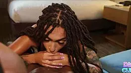 Slim ebony teen rides huge curved cock in quickie.