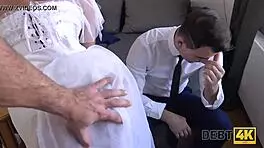 Debt4k Young Wife Betrays Husband for Cash in Front of Him