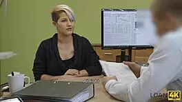 Cute blonde teen's office blowjob arrangement with big natural tits and pussy