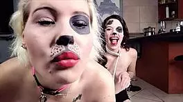 Two puppy slaves drool with tongues out for fetish play