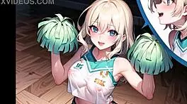 this hot anime cheerleader strips topless outdoors, teasing with pussy asmr sounds for you.