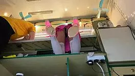 I love how this sexy virgin spreads her legs in stockings while serving customers 😍