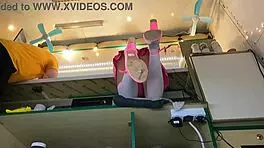 I love how this sexy virgin spreads her legs in stockings while serving customers 😍