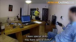 Black office slut gets sloppy throat fucked hard by big cock during interview