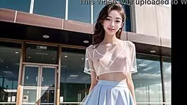 性感亚洲啦啦队长户外用透明布挑逗