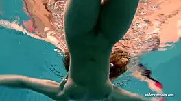 big tits babe silvie swims in pool, revealing hairy pussy and big ass