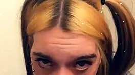 the pretty trans teen teases her cock with a blowjob in pov