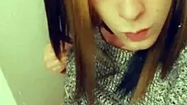 the pretty trans teen teases her cock with a blowjob in pov