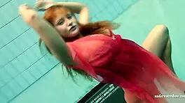 big tits babe silvie swims in pool, revealing hairy pussy and big ass