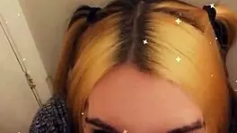 the pretty trans teen teases her cock with a blowjob in pov