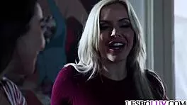 Slutty teen and stepmom explore forbidden lesbian pleasures with oral and fingering